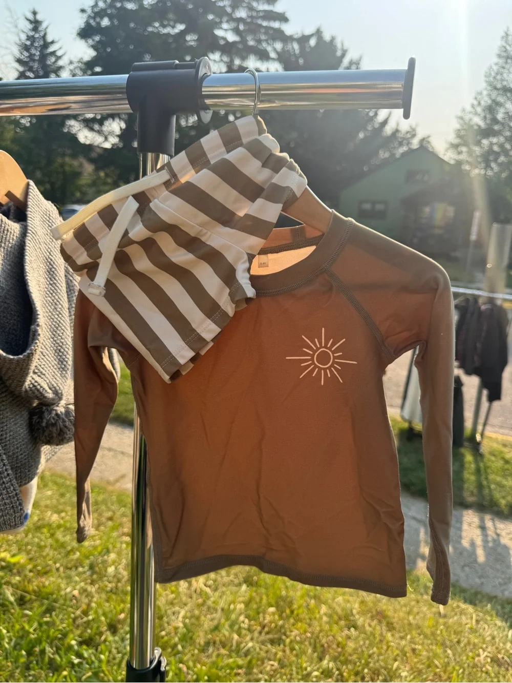 Rylee + Cru Olive Green Long-Sleeve Kids Sun Tee and Swim Trunks